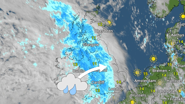 Satellite weather map of the UK and Ireland on Thursday 11.06 showing a broad band of rain moving east-northeast across Britain, with a rain cloud icon, directional arrow, and temperatures around 11–15°C.