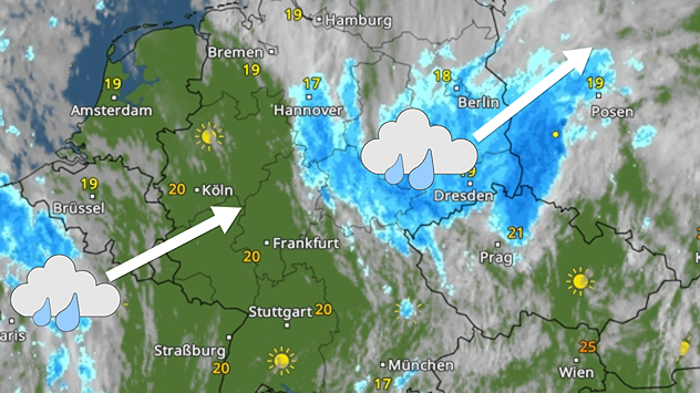 WetterRadar mit Regenfeldern über West- und Ostdeutschland, die sich nach Osten und Westen verlagern, dazwischen einzelne Sonnenfenster.