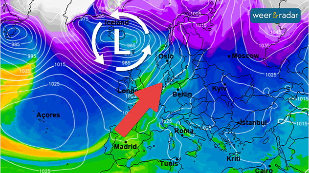 De weerkaart voor begin volgende week toont zeer zachte lucht, die ons met een zuidelijke tot zuidwestelijke stroming bereikt.