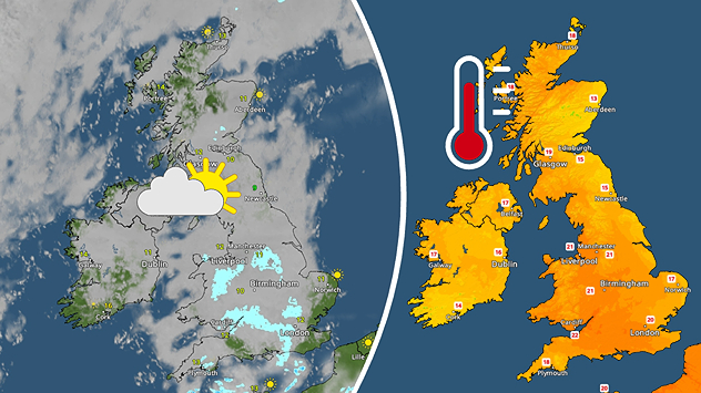 Split image. The left image shows cloud cover and rainfall for Tuesday, the right image depicts maximum temperatures on Thursday.