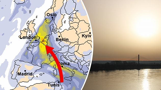 Wetterkarte mit Pfeil für Warmluft aus Südeuropa nach Mitteleuropa neben sonniger Flusslandschaft. (c) foto-webcam.eu
