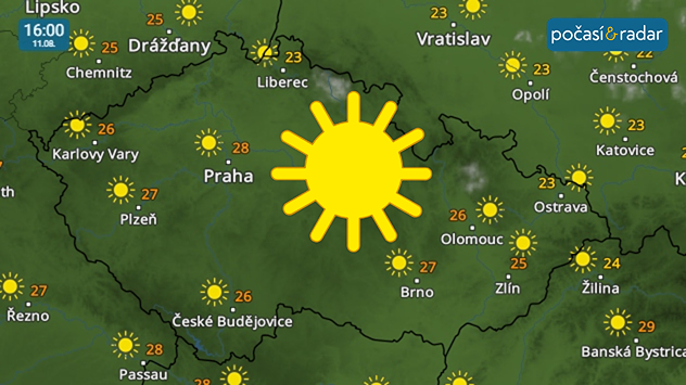 Meteoradar, screenshot, pondělí 11. srpna 16:00: Počasí nejbližších dnů bude v Česku slunečné, na obloze bude převažovat jasno nebo skoro jasno. Pondělní maximální teploty zůstanou většinou do 28 °C.