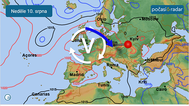 Mapa synoptické situace nad Evropou, neděle 10. srpna: Na přelomu týdnů se nad střední Evropu od západu nasouvá další tlaková výše - po jejím předním okraji k nám v neděli a v pondělí přechodně proniká o něco chladnější vzduch od severozápadu, což se odráží na mírně nižších teplotách v neděli a v pondělí.