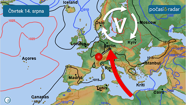 Předpověď synoptické situace nad Evropou, čtvrtek 14. srpna: Tlaková výše se bude v dalších dnech pozvolna přesouvat přes střední Evropu směrem na severovýchod - a naše území se tak postupně ocitne na její zadní straně ve velmi teplém jižním proudění.