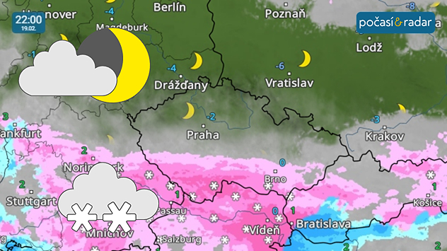 Meteoradar, screenshot, 19. 2. 22:00: Na jihu našeho území se během noci na pátek místy vyskytne sněžení, naopak na severu se bude vyjasňovat a teploty zde díky tomu poměrně výrazně poklesnou.