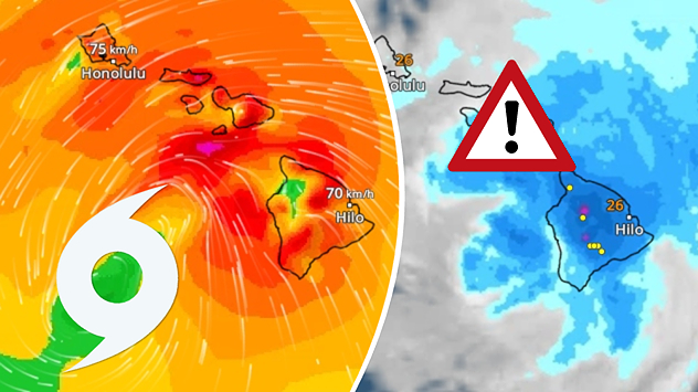 WindRadar s hurikánem, vedle něj WetterRadar se silným deštěm na Havaji