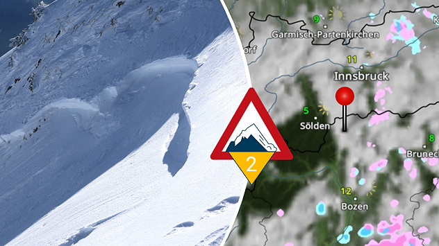 Links: Abrisskante einer Schneebrettlawine in steilem Gelände; Rechts: Eine Karte von Südtirol und Nordtirol zeigt die Wolken- und Niederschlagsverteilung zur Zeit des Lawinenunglücks.