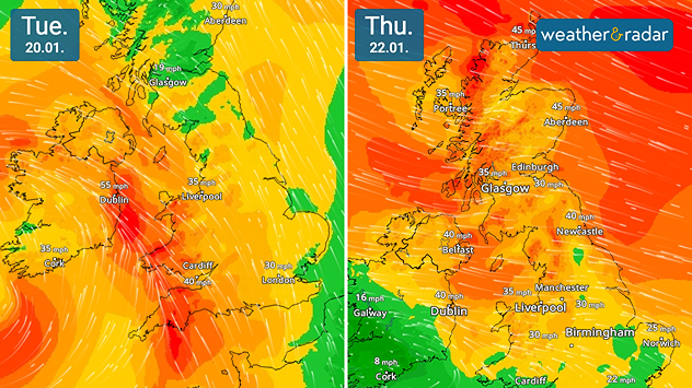Split image comparing two UK wind forecast maps, with Tuesday 20.01 on the left and Thursday 22.01 on the right, showing colour-coded wind speeds in mph, streamlines, and city labels, with stronger winds highlighted in orange and red across large parts of the UK.