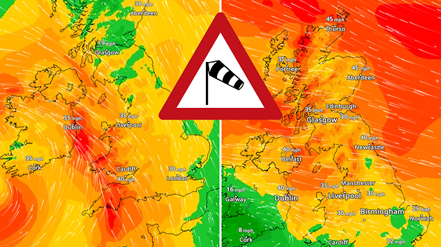 Split wind forecast map showing the UK and Ireland with colour-coded wind speeds in mph, orange and red areas indicating strong winds, streamlines, city labels, and a large triangular windsock warning icon centred over the maps.