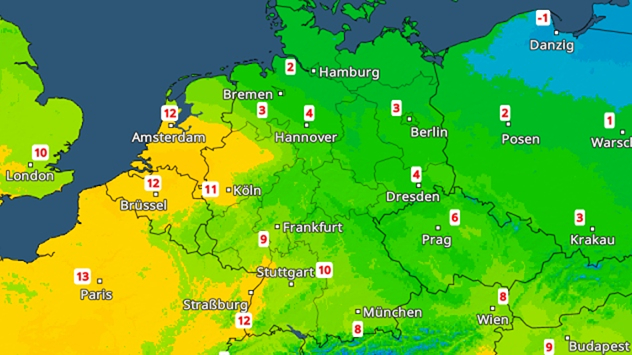 Karte mit Temperaturen in Deutschland und Nachbarländern. Mild im Westen, kühler im Osten.