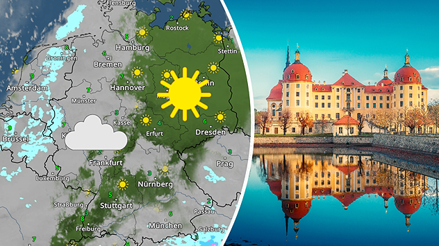Links: WetterRadar-Karte vom 17. Dezember zeigt dichte Wolken im Westen, aber viel Sonnenschein im Osten, vor allem rund um Dresden – unterstrichen durch ein großes Sonnensymbol. Rechts: Schloss Moritzburg im Sonnenlicht, spiegelnd im Wasser – klare, kalte Winteratmosphäre.