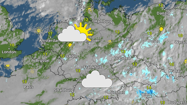 Wechselhaftes Herbstwetter in Mitteleuropa Satellitenbild mit Wolken über Deutschland, Sonne im Nordwesten und dichteren Wolken im Süden.