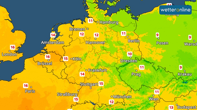 TemperaturRadar mit den Höchstwerten am Sonntag zwischen 10 und 18 Grad in Deutschland.
