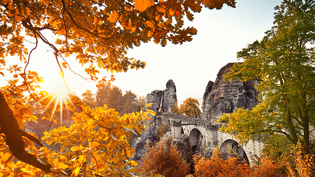 Herbstliche Morgensonne leuchtet durch bunt gefärbte Blätter auf die berühmte Basteibrücke im Elbsandsteingebirge. Im Hintergrund ragen markante Felsen über das farbenprächtige Laub – stimmungsvolle Szenerie im Indian Summer-Stil.