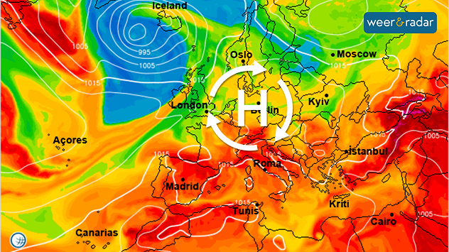 De europese weerkaart voor eind volgende week toont een zomerse setting: een groot hogedrukgebied boven West- en Centraal-Europa zorgt voor zonnig en warm weer.