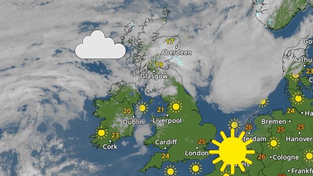 Weather map showing a split in north-south conditions of the UK. Scotland sees widespread cloud cover while England and Wales have clear skies.