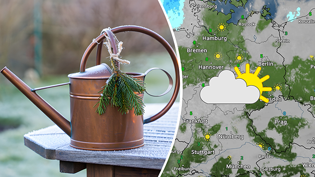 Links: Eine Gießkanne mit Tannenzweig steht auf einer Bank im frostigen Garten – Zeichen für Winterpause in der Gartenarbeit. Rechts: WetterRadar-Karte vom 18. Dezember zeigt viele Wolken und Nebelfelder in der Mitte Deutschlands, während es im Osten sonniger ist – dargestellt durch Sonne-Wolke-Symbol.