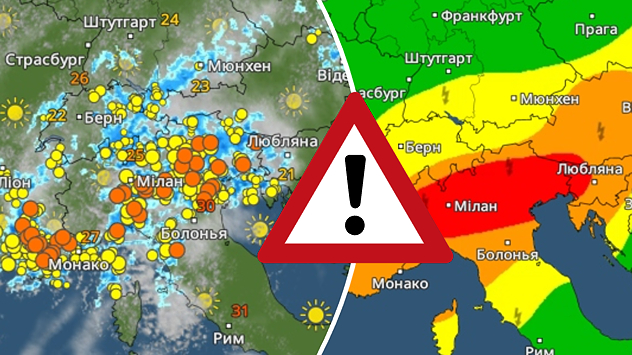 Карти погоди, на яких показані сильні грози та підвищена небезпека негоди в Північній Італії.