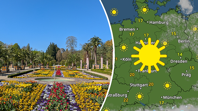 Links: Eine blühende Parkanlage. Rechts: Das WetterRadar für Mittwoch.