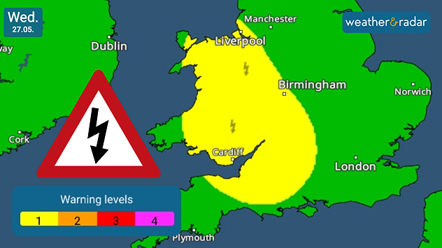 eather warning map of Wales and western England on Wednesday 27.05 showing a yellow thunderstorm alert area with lightning symbols, alongside a warning triangle and color-coded alert scale.