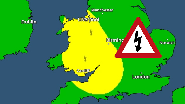 Weather warning map of Wales and western Britain showing a yellow thunderstorm alert with lightning symbols, alongside a large warning triangle for lightning.
