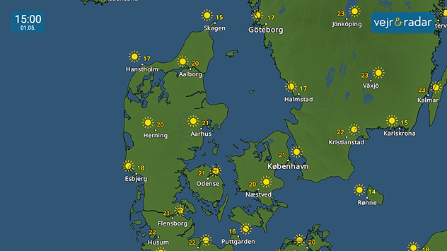 VejrRadar over Danmark kl. 15.00 den 1. maj med solrigt vejr og temperaturer op til 22 grader.