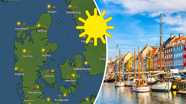 VejrRadar over Danmark med sol og varme kombineret med foto fra Nyhavn i København i solskin.