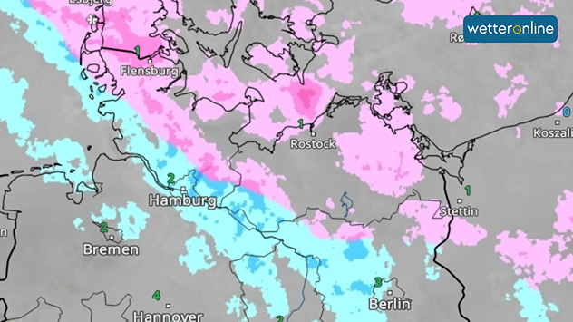 Wetterkarte mit Regen im Westen und Schnee im Nordosten Deutschlands.