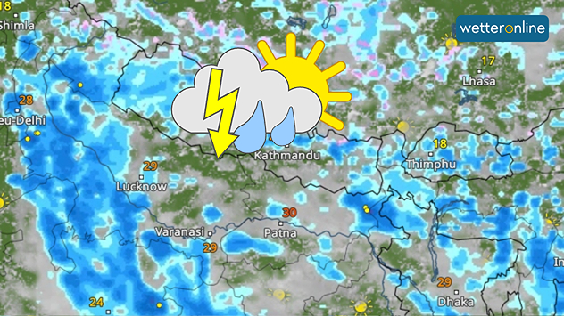 Wetterkarte für Nepal, Nordindien, Bhutan und Bangladesch mit verbreiteten Regengebieten. Über Kathmandu ist ein großes Gewittersymbol eingeblendet.