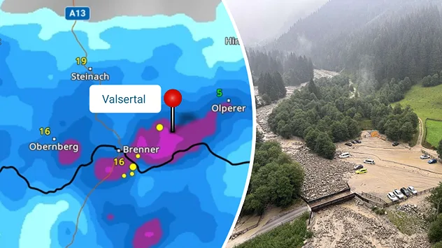 Links: Ein Regenradar-Ausschnitt von der Brennerregion zeigt zum Teil sehr starken Regen in Magenta: Rechts: Luftaufnahme eines überfluteten Talbereichs mit schlammigen Wassermassen, Geröll, beschädigten Wegen und mehreren Fahrzeugen nahe einer Brücke.