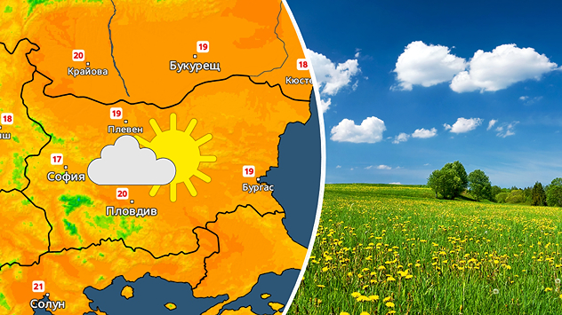Отляво: Температурната карта показва топло време над страната в неделя, със слънце и малко облаче е изобразено предимено слънчевото време което се очаква. Отдясно: Снимка на поле с минзухари, синъо небе и малки бели облачета
