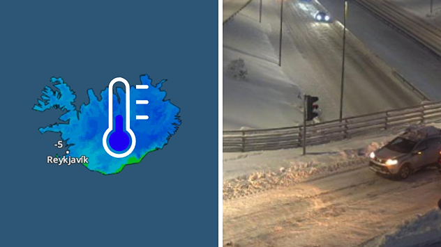 A la izquierda, un mapa de Islandia con una temperatura de -5 °C en Reikiavik; a la derecha, una carretera nevada con coches en condiciones invernales.