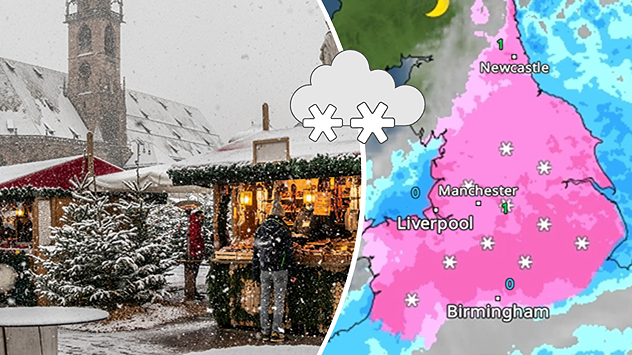 Split image showing a snowy Christmas market on the left and a UK weather map on the right with pink zones indicating widespread snowfall over Liverpool, Manchester, Birmingham, and Newcastle, plus white snow icons.