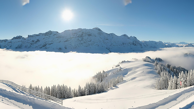 Ein Webcambild zeigt den Säntis in der Ostschweiz bei Sonnenschein und verschneiter Landschaft.