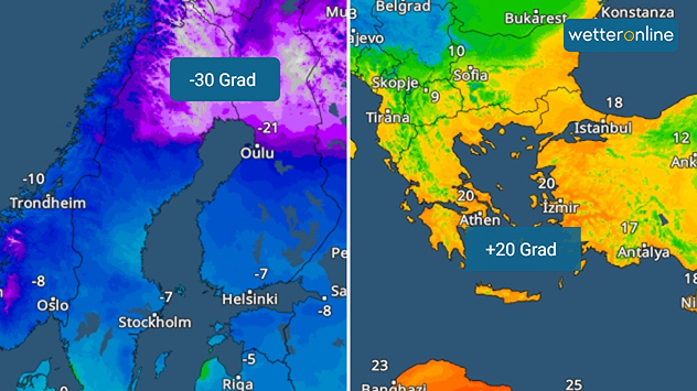 Teplotní mapa Evropy s extrémními maximálními hodnotami. Až minus 30 stupňů ve Skandinávii. Kolem plus 20 stupňů v jihovýchodní části Středomoří.