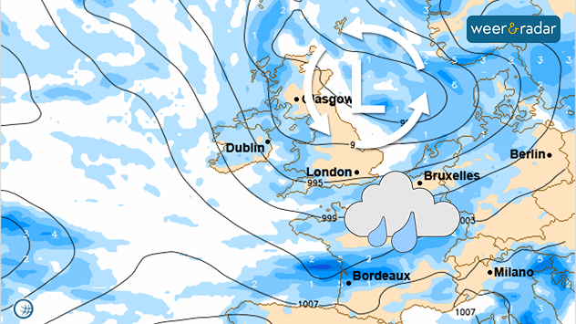 De weerkaart voor volgende week dinsdag toont een lagedrukgebied boven de Noordzee, die bij ons voor regen zorgt.