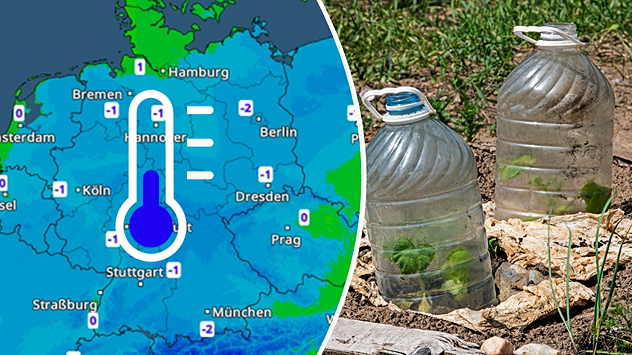 Minusgrade in Deutschland und geschützte Pflanzen unter Plastikflaschen.