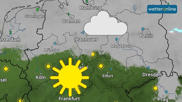 Scharfer Kontrast: WetterRadar zeigt viele Wolken im Norden und eine sonnige Landesmitte. 