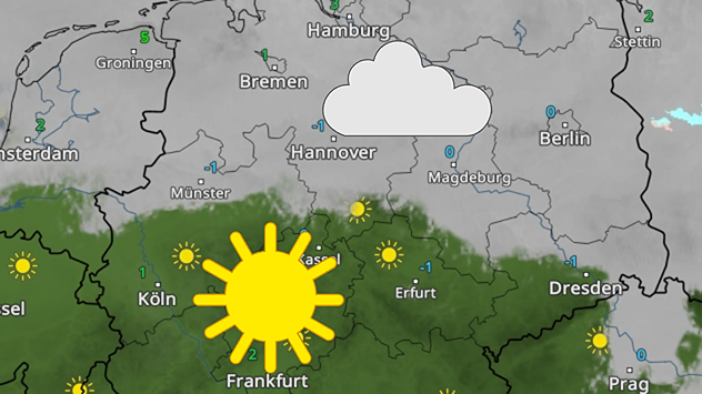 Scharfer Kontrast: WetterRadar zeigt viele Wolken im Norden und eine sonnige Landesmitte.