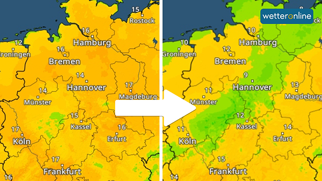 Das TemperaturRadar zeigt am Montag rund 15 Grad und mehr an. Am Dienstag sind nur noch rund 10 Grad zu sehen. 