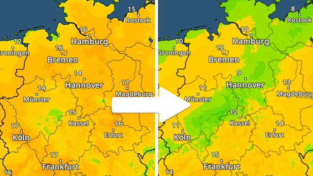 Das TemperaturRadar zeigt am Montag rund 15 Grad und mehr an. Am Dienstag sind nur noch rund 10 Grad zu sehen.