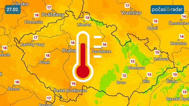 Předpověď nejvyšších denních teplot v Česku na pátek 27. 2.: Česko čekají na závěr února nebývale teplé dny. V pátek můžeme v Čechách naměřit ojediněle až teploty kolem 19 °C!