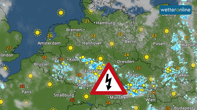 WetterRadar für Samstag mit sonnigen Regionen und zahlreichen Gewitterzellen über der Mitte und dem Süden Deutschlands. Temperaturen liegen meist zwischen 20 und 30 Grad.