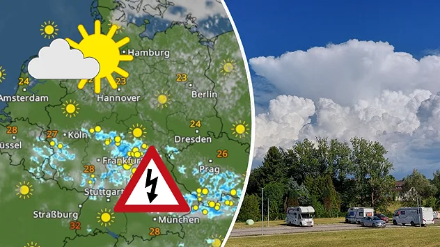 WetterRadar mit Gewitterzellen über Teilen Deutschlands am Samstag. Rechts ein Campingplatz unter großen Quellwolken bei sonnigem Wetter.