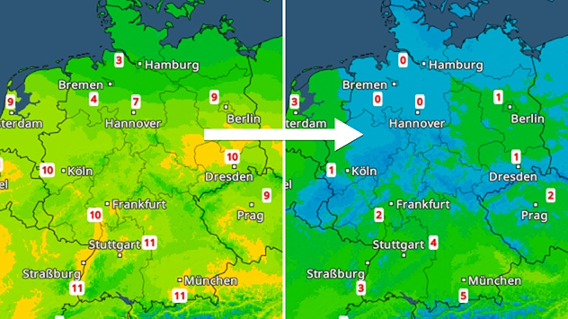 Zwei Wetterkarten von Deutschland mit Temperaturwerten im Vergleich. Links milder, rechts deutlich kälter mit teils nahe 0 Grad.