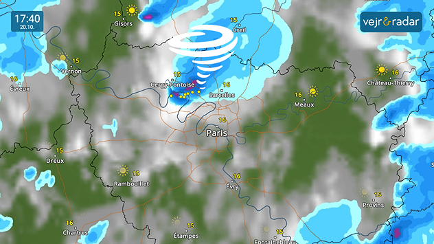 VejrRadaren viser hvor tornadoen nær Paris ramte.