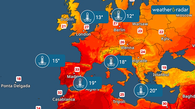 The map shows current water temperatures in Europe and the Mediterranean. The water is particularly warm off the coast of Spain and North Africa, and cooler in the North Sea and the Baltic Sea.
