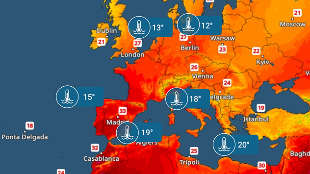 The map shows current water temperatures in Europe and the Mediterranean. The water is particularly warm off the coast of Spain and North Africa, and cooler in the North Sea and the Baltic Sea.