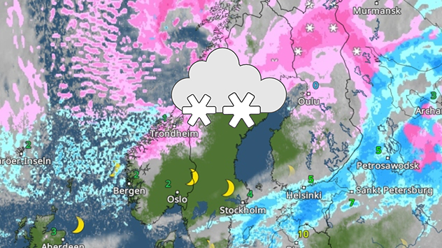 Weerradar voor donderdag met zware sneeuwval in Scandinavië