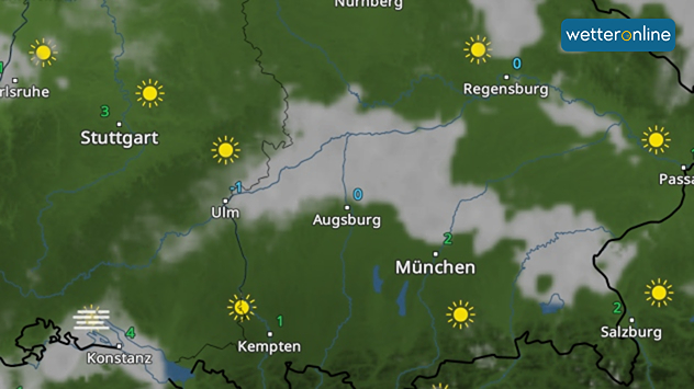 Wetterkarte mit Sonne über Stuttgart, München und Nebel zwischen Ulm und Regensburg.